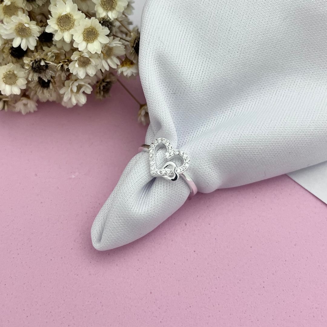 Anel Coração Cravejado 10mm Liso Prata 925 - Revenda Sucesso de Vendas