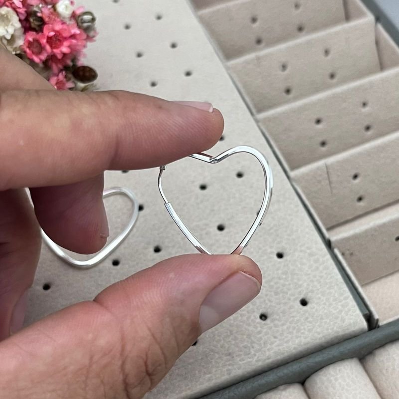 Argola Coração 25mm Fio Quadrado Prata 925 | Tendência Grande para Revenda
