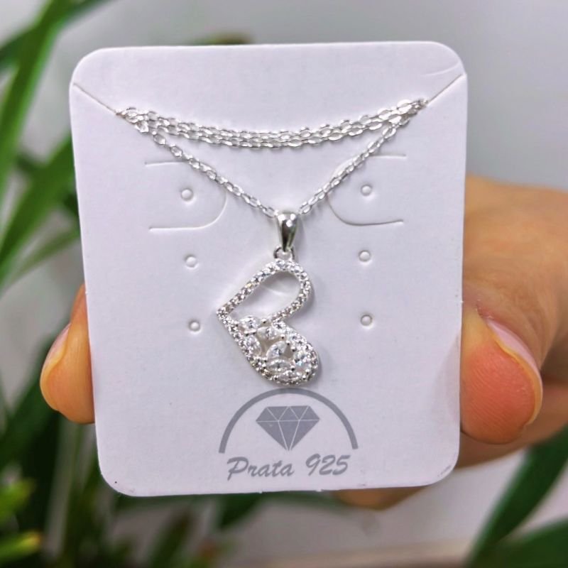 Colar Feminino Prata 925 Coração Vazado 20mm Cravejado 40cm + Extensor | Atacado