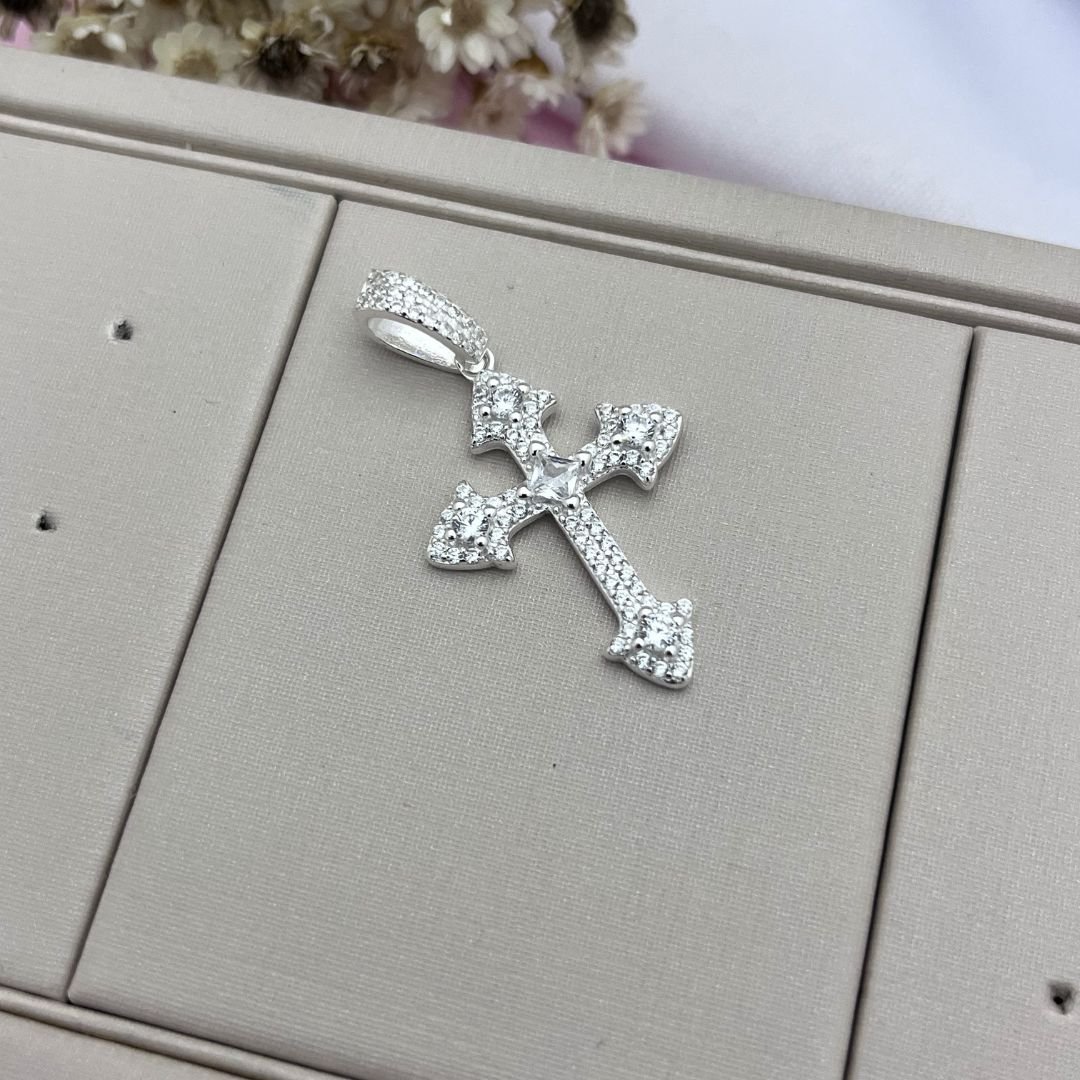 Pingente Cruz Cravejada 30mm Contra Argola Cravejada 10mm Prata 925