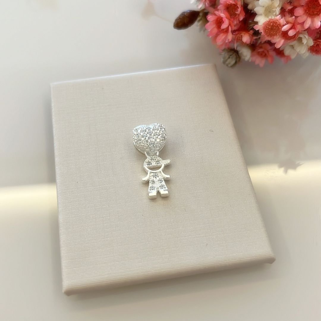 Pingente Filhos Coração Cravejado Prata 925 - Maternidade