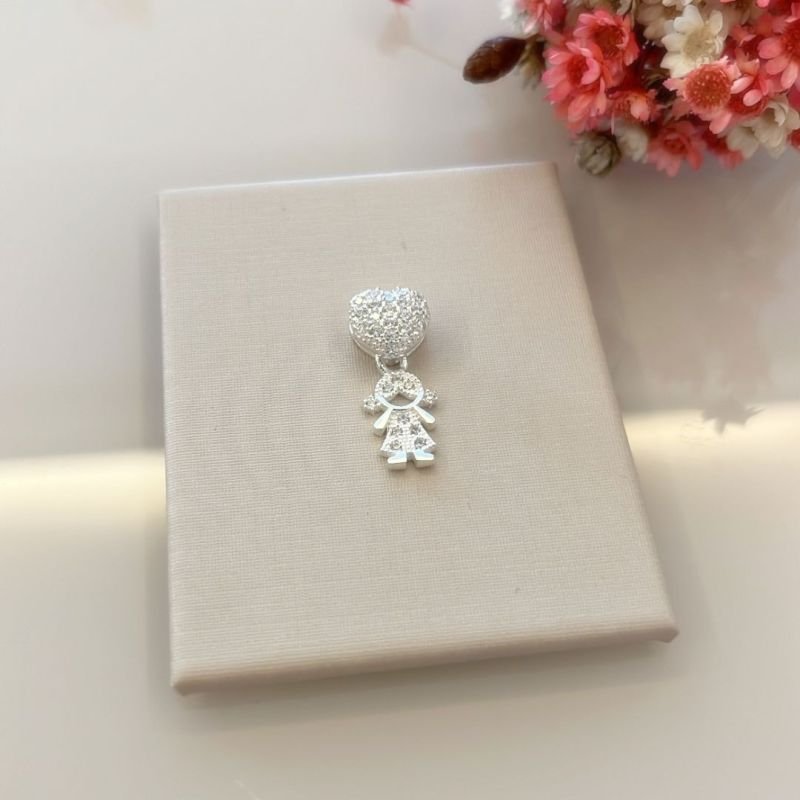 Pingente Filhos Coração Cravejado Prata 925 - Maternidade