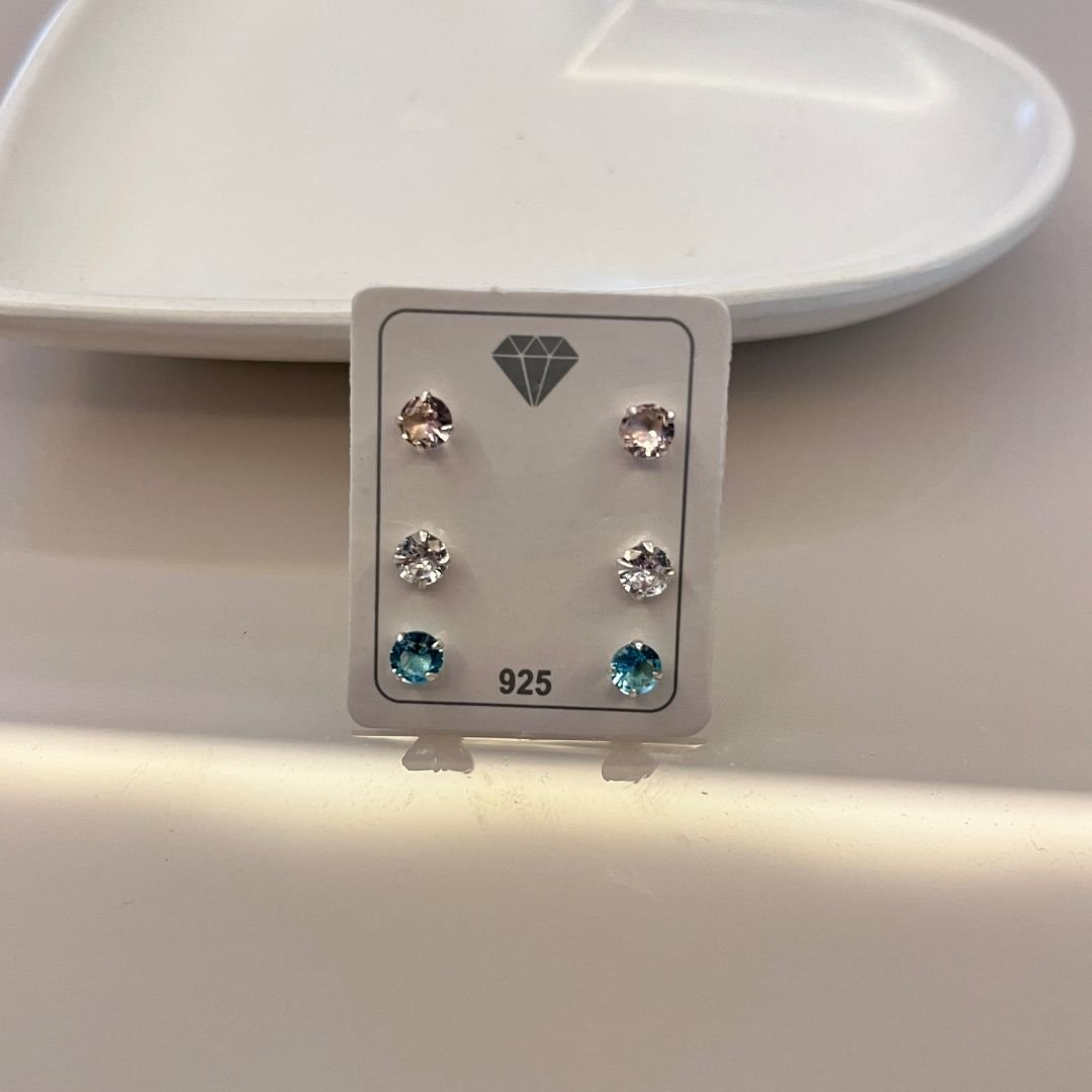 Trio Brinco Zircônia Colorida Prata 925 4mm | Joias Essenciais para Revenda